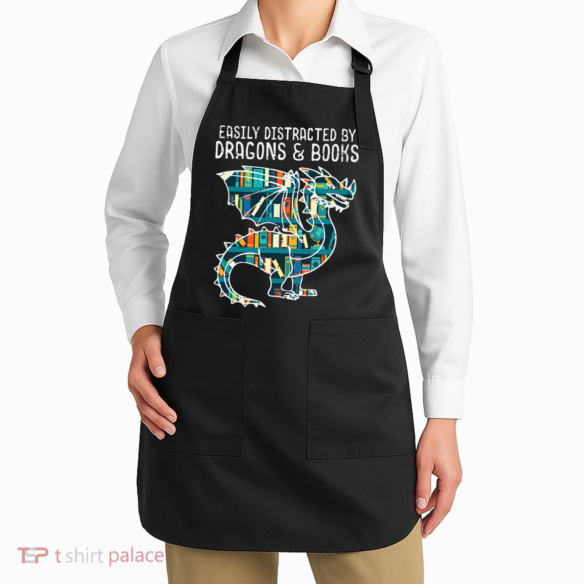 Easily Distracted By Dragons Books Funny Reading Bookworm Apron