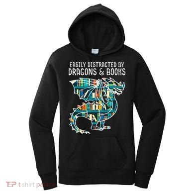 Easily Distracted By Dragons Books Funny Reading Bookworm Women's Hoodie