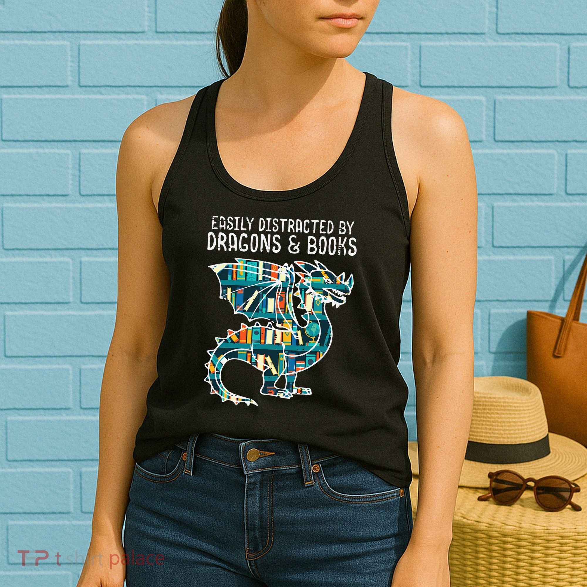 Easily Distracted By Dragons Books Funny Reading Bookworm Women's Tank Top