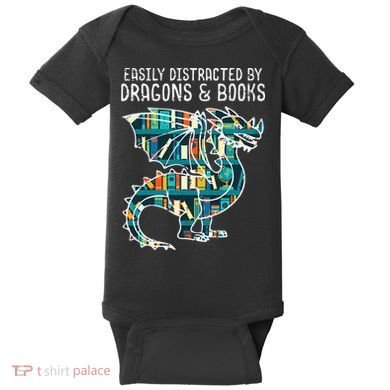 Easily Distracted By Dragons Books Funny Reading Bookworm Baby Bodysuit