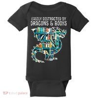 Easily Distracted By Dragons Books Funny Reading Bookworm Baby Bodysuit thumb 0
