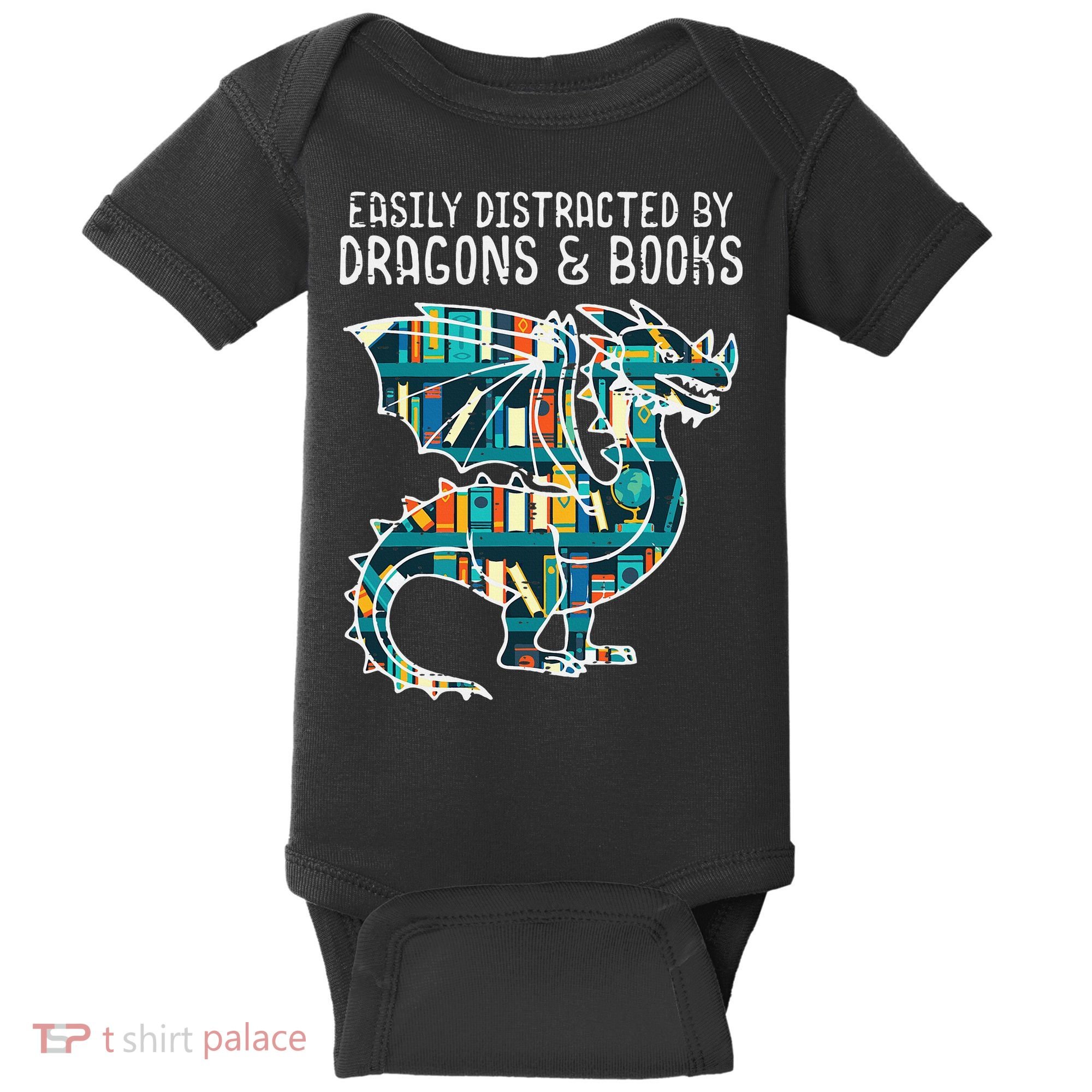Easily Distracted By Dragons Books Funny Reading Bookworm Baby Bodysuit