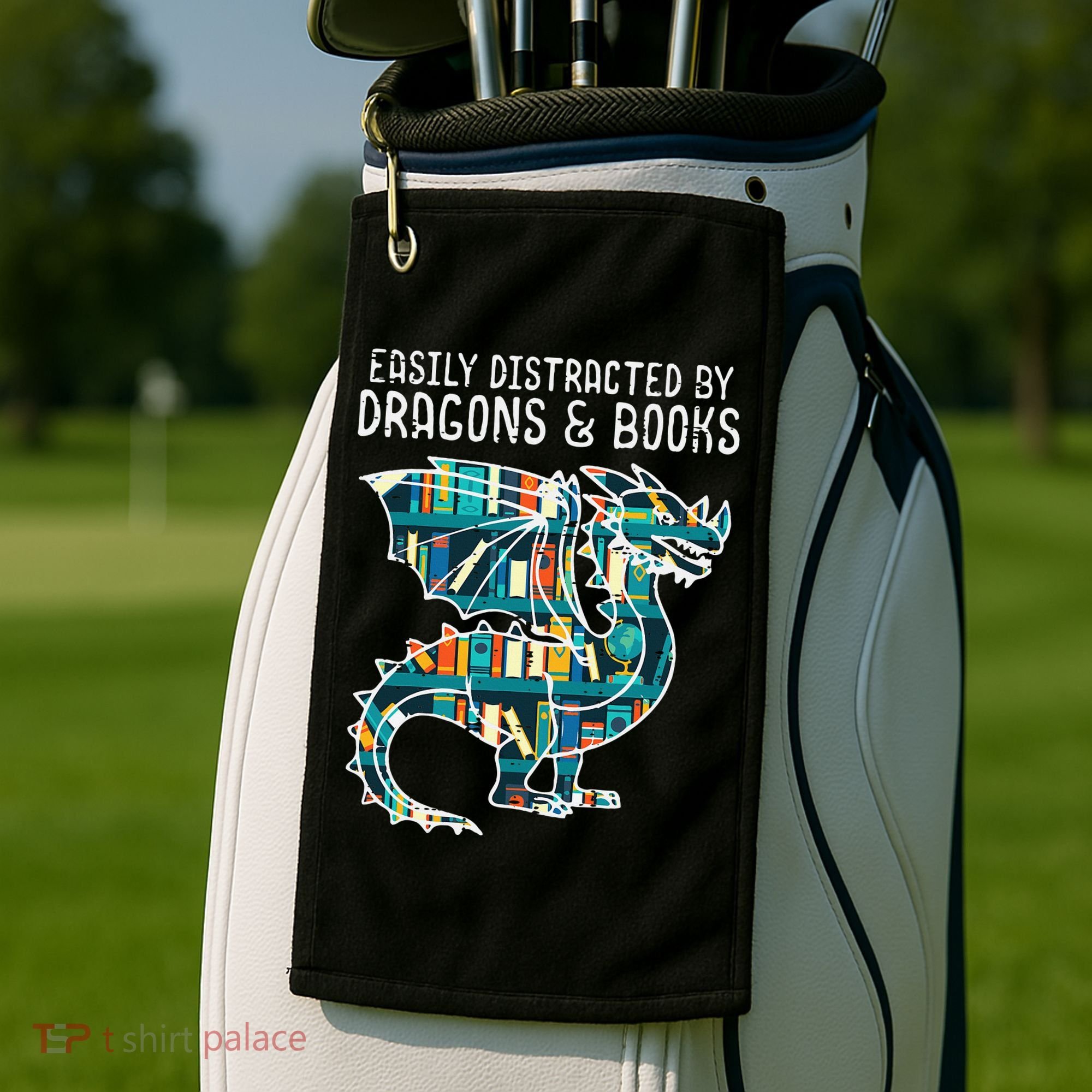 Easily Distracted By Dragons Books Funny Reading Bookworm Golf Towel