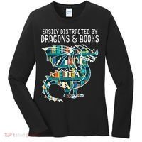 Easily Distracted By Dragons Books Funny Reading Bookworm Women's Long Sleeve Shirt thumb 0