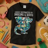 Easily Distracted By Dragons Books Funny Reading Bookworm Kids T-Shirt thumb 3