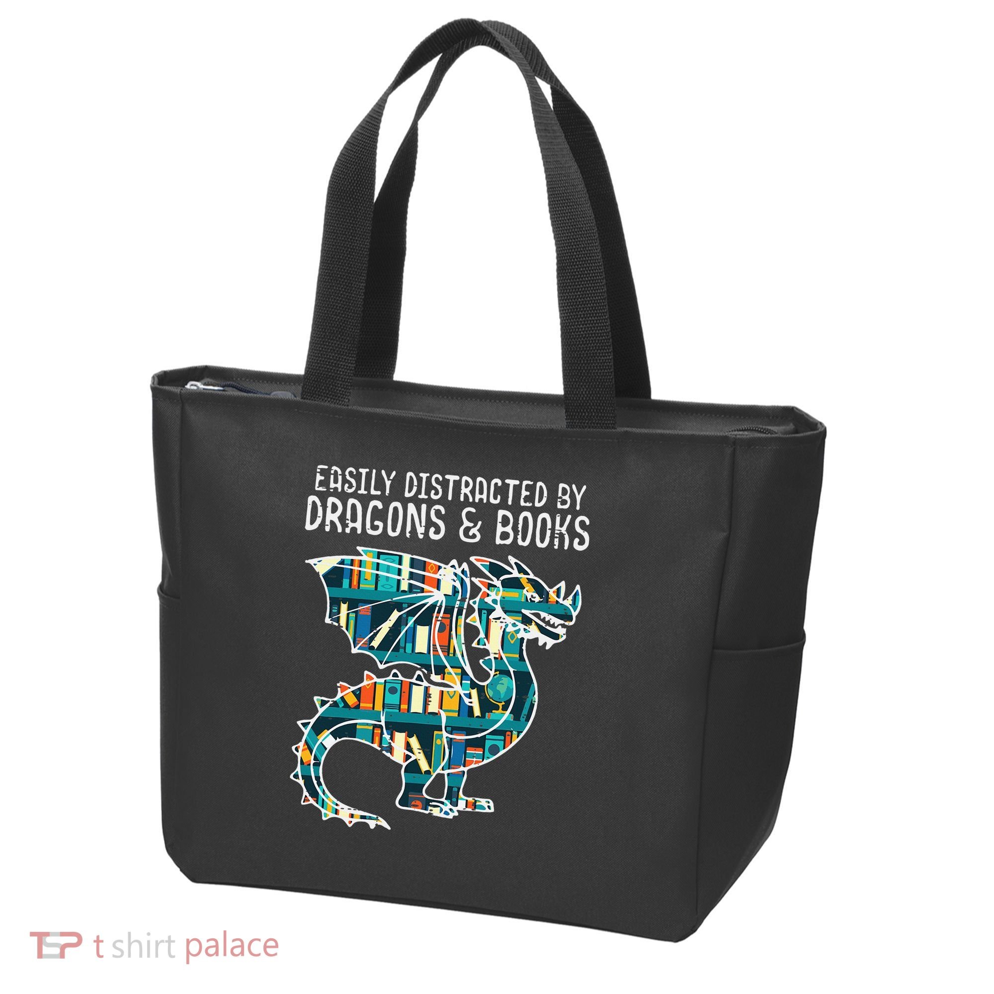 Easily Distracted By Dragons Books Funny Reading Bookworm Tote Bag