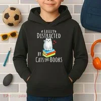 Easily Distracted By Cats And Books Kids Hoodie thumb 2