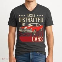 Easily Distracted By Cars Classic Muscle Car Guy Car Lover V-Neck T-Shirt thumb 2
