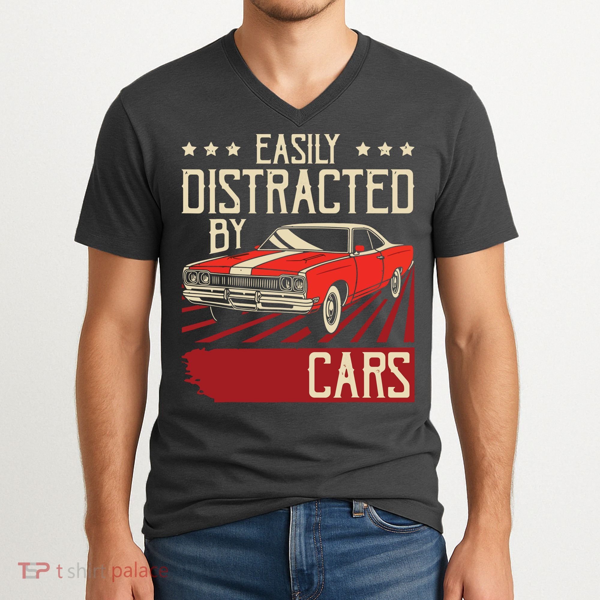 Easily Distracted By Cars Classic Muscle Car Guy Car Lover V-Neck T-Shirt