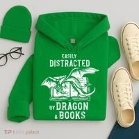 Easily Distracted By Dragon And Books Nerds Hoodie thumb 4
