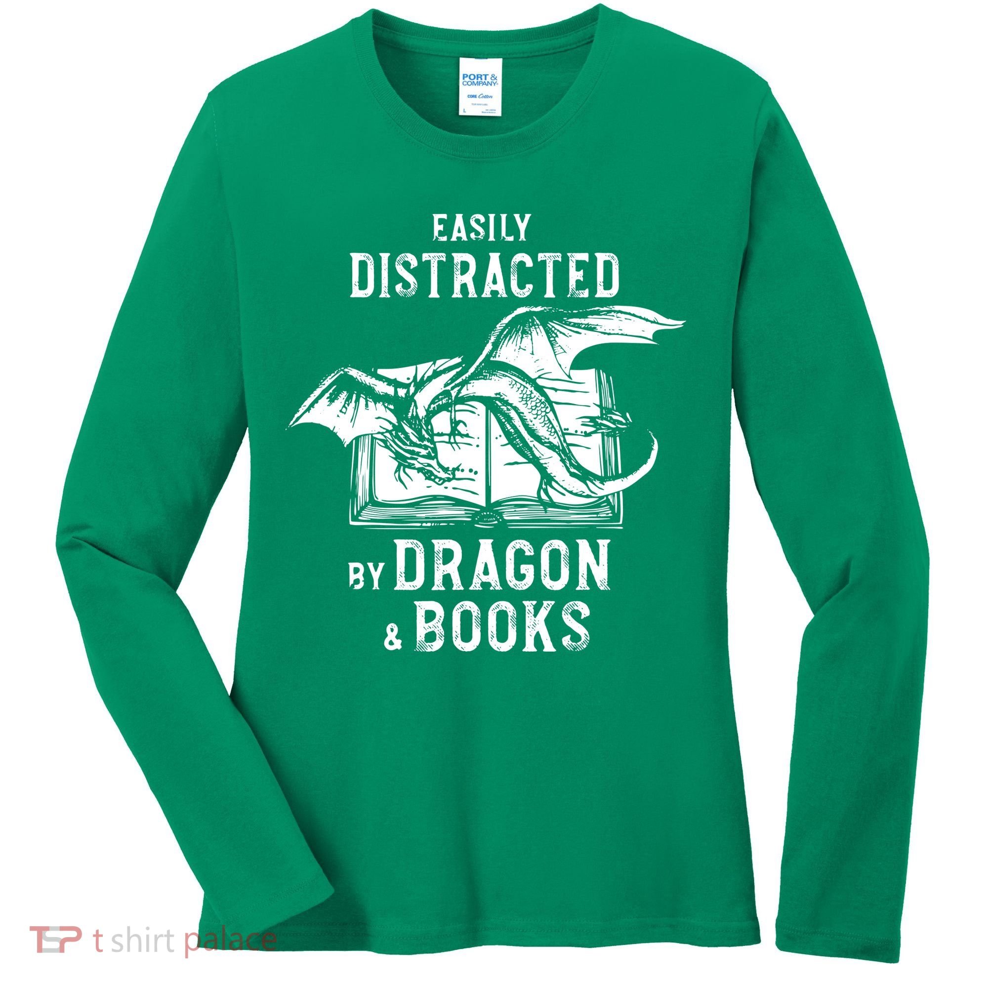Easily Distracted By Dragon And Books Nerds Women's Long Sleeve Shirt