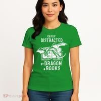 Easily Distracted By Dragon And Books Nerds Women's T-Shirt thumb 4