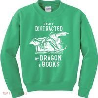 Easily Distracted By Dragon And Books Nerds Kids Sweatshirt thumb 0