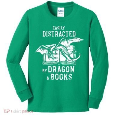 Easily Distracted By Dragon And Books Nerds Kids Long Sleeve Shirt