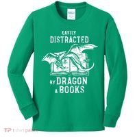 Easily Distracted By Dragon And Books Nerds Kids Long Sleeve Shirt thumb 0