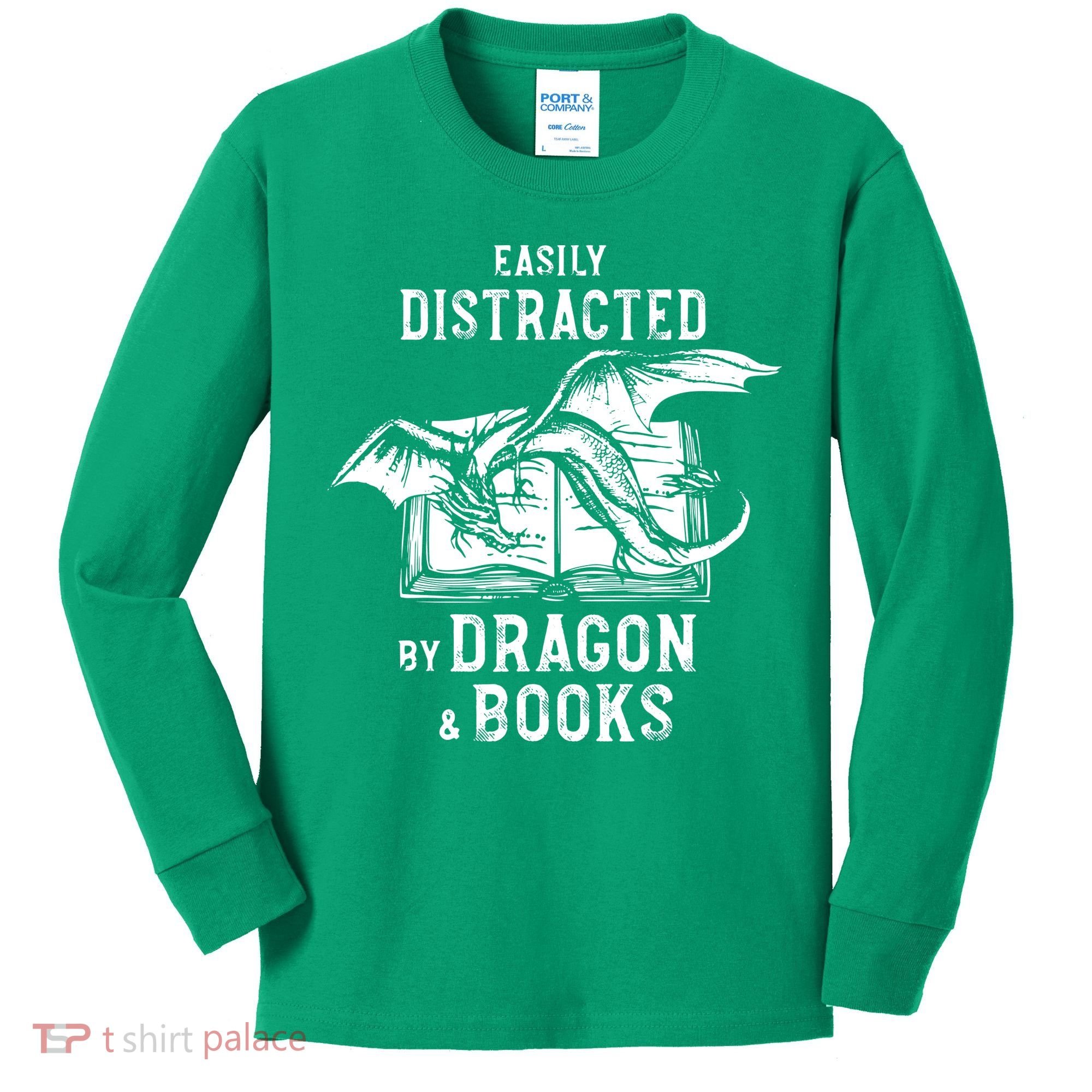 Easily Distracted By Dragon And Books Nerds Kids Long Sleeve Shirt