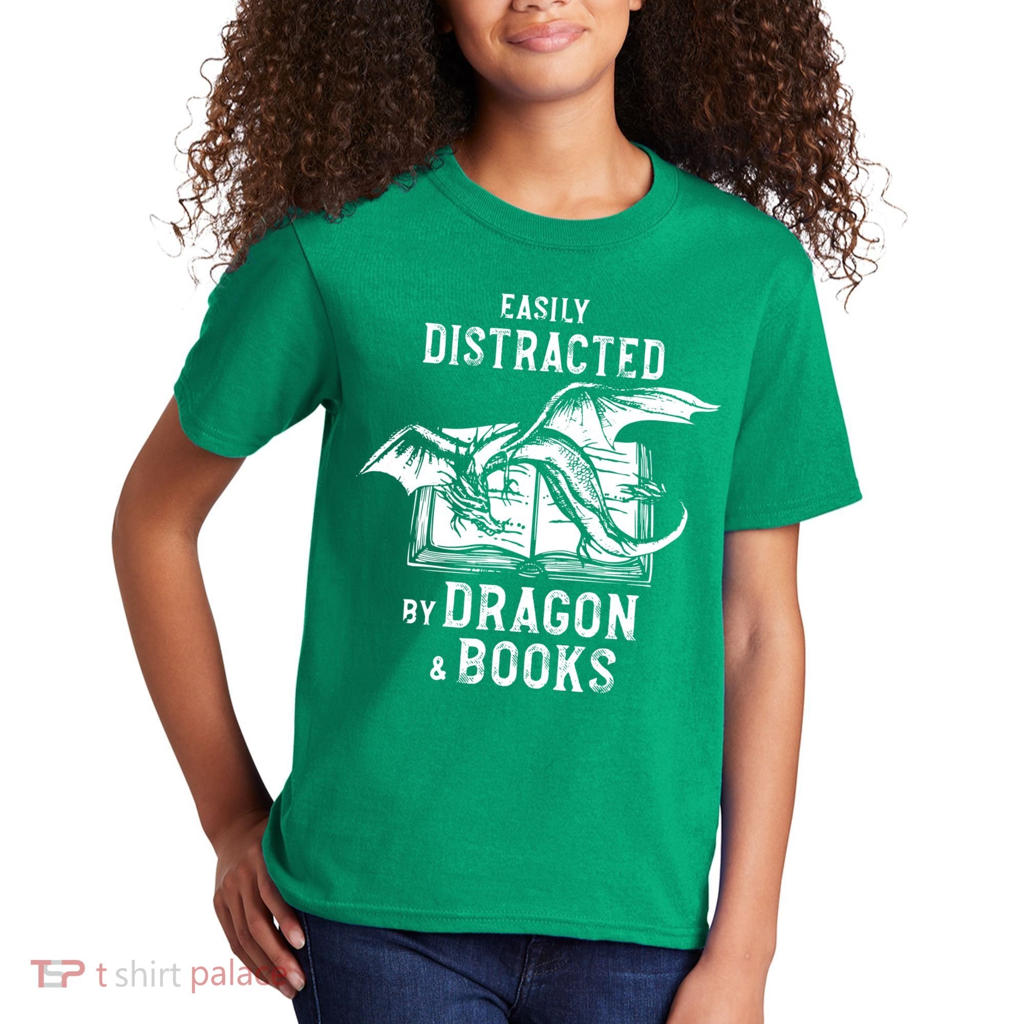 Easily Distracted By Dragon And Books Nerds Kids T-Shirt