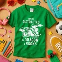 Easily Distracted By Dragon And Books Nerds Kids T-Shirt thumb 3