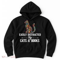 Easily Distracted By Cats and Books Librarians Bibliophiles Hoodie thumb 0