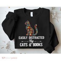 Easily Distracted By Cats and Books Librarians Bibliophiles Sweatshirt thumb 2
