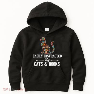 Easily Distracted by Cats and Books Cat Design Kids Hoodie