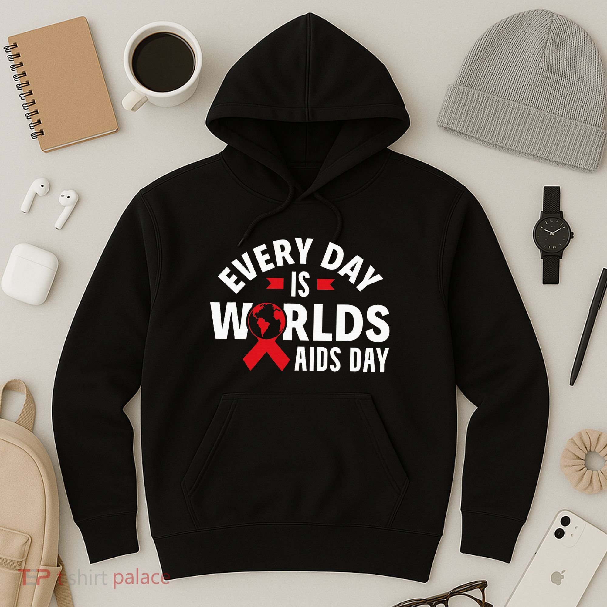Every Day Is Worlds Aids Day HIV AIDS Awareness Red Ribbon Hoodie