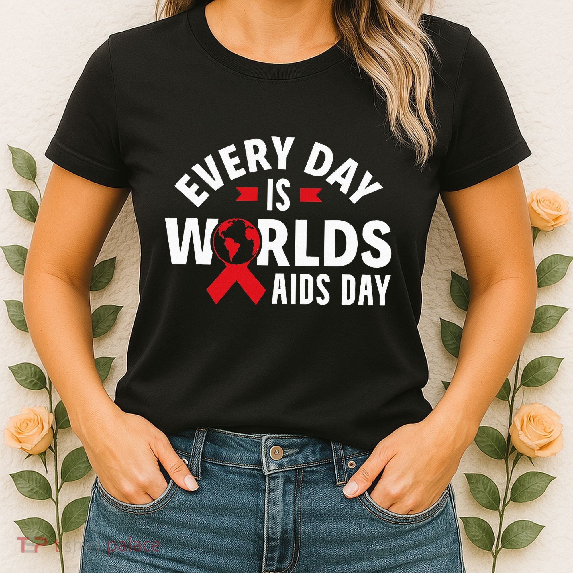 Every Day Is Worlds Aids Day HIV AIDS Awareness Red Ribbon Women's T-Shirt