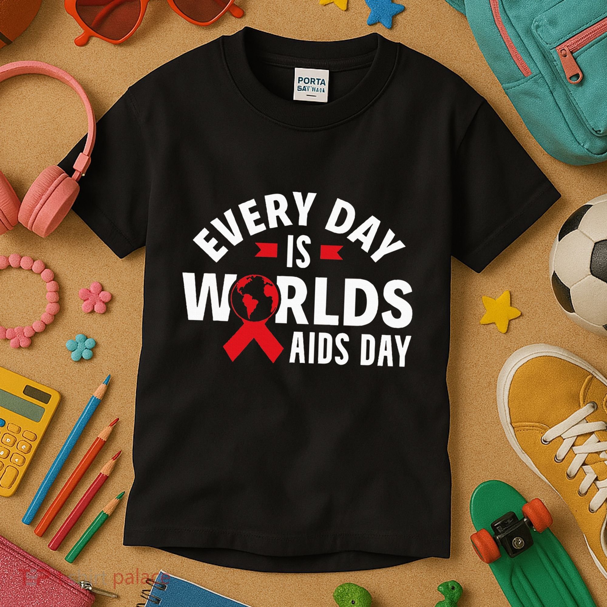 Every Day Is Worlds Aids Day HIV AIDS Awareness Red Ribbon Kids T-Shirt