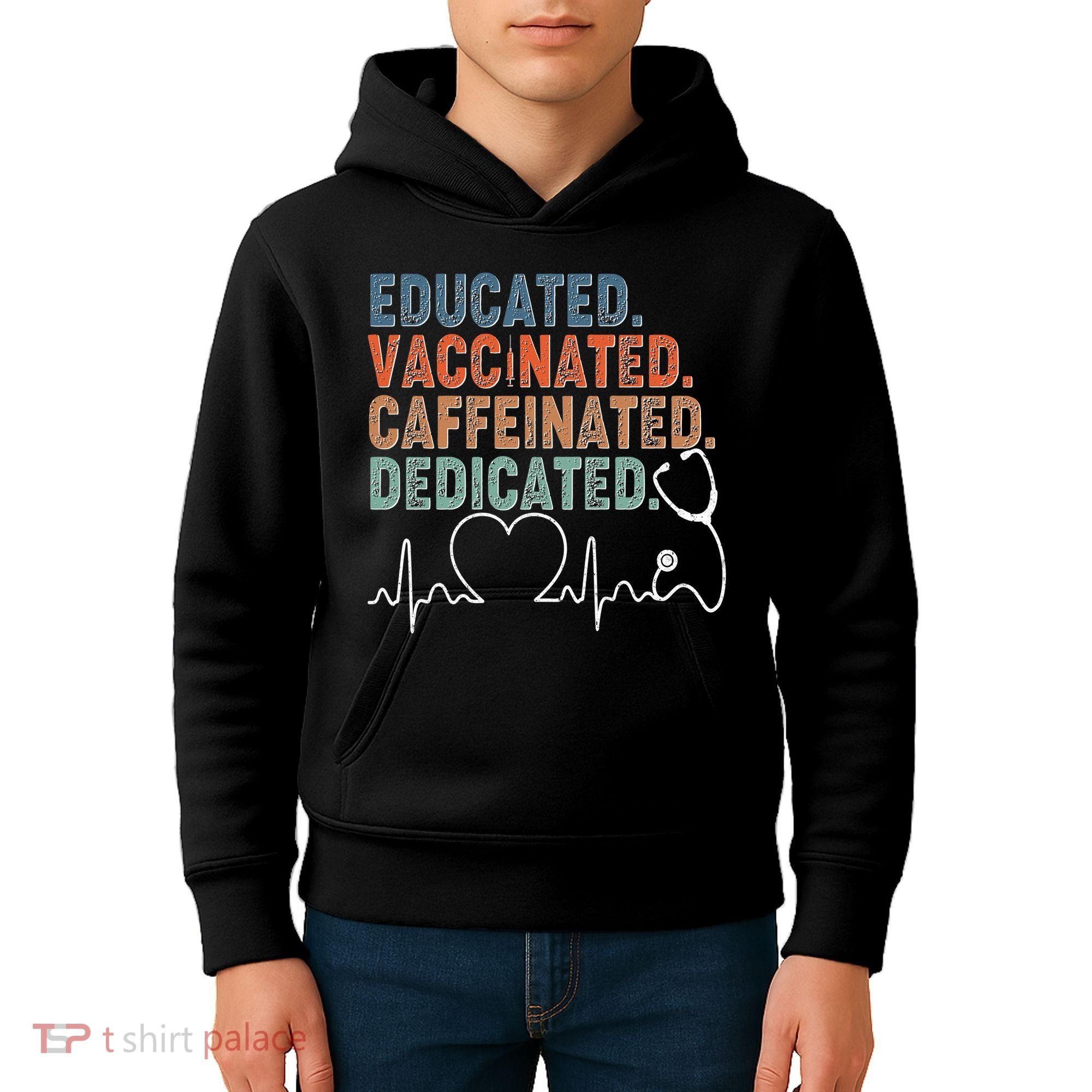 Educated Vaccinated Caffeinated Dedicated Heartbeat Stethoscope Kids Hoodie