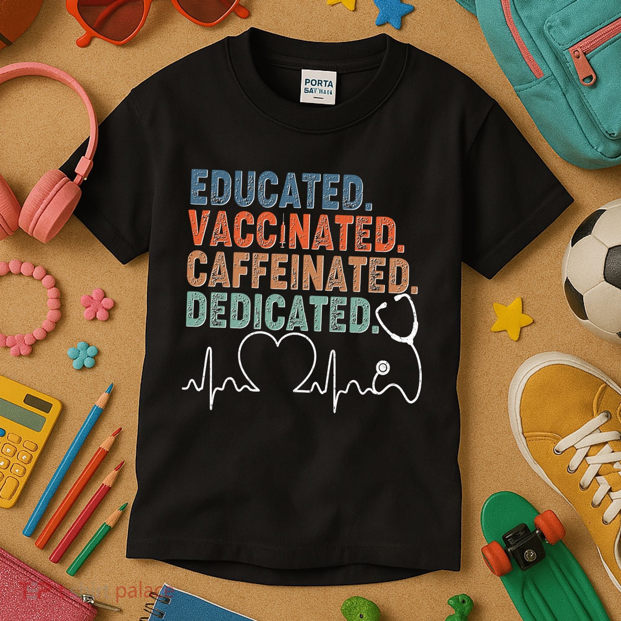 Educated Vaccinated Caffeinated Dedicated Heartbeat Stethoscope Kids T-Shirt
