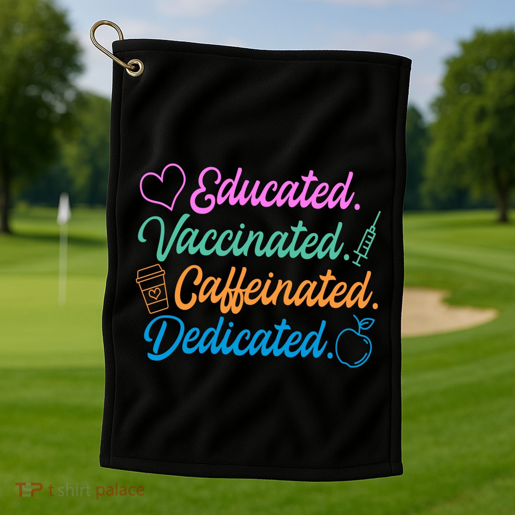 Educated Vaccinated Caffeinated Dedicated Teachers Golf Towel