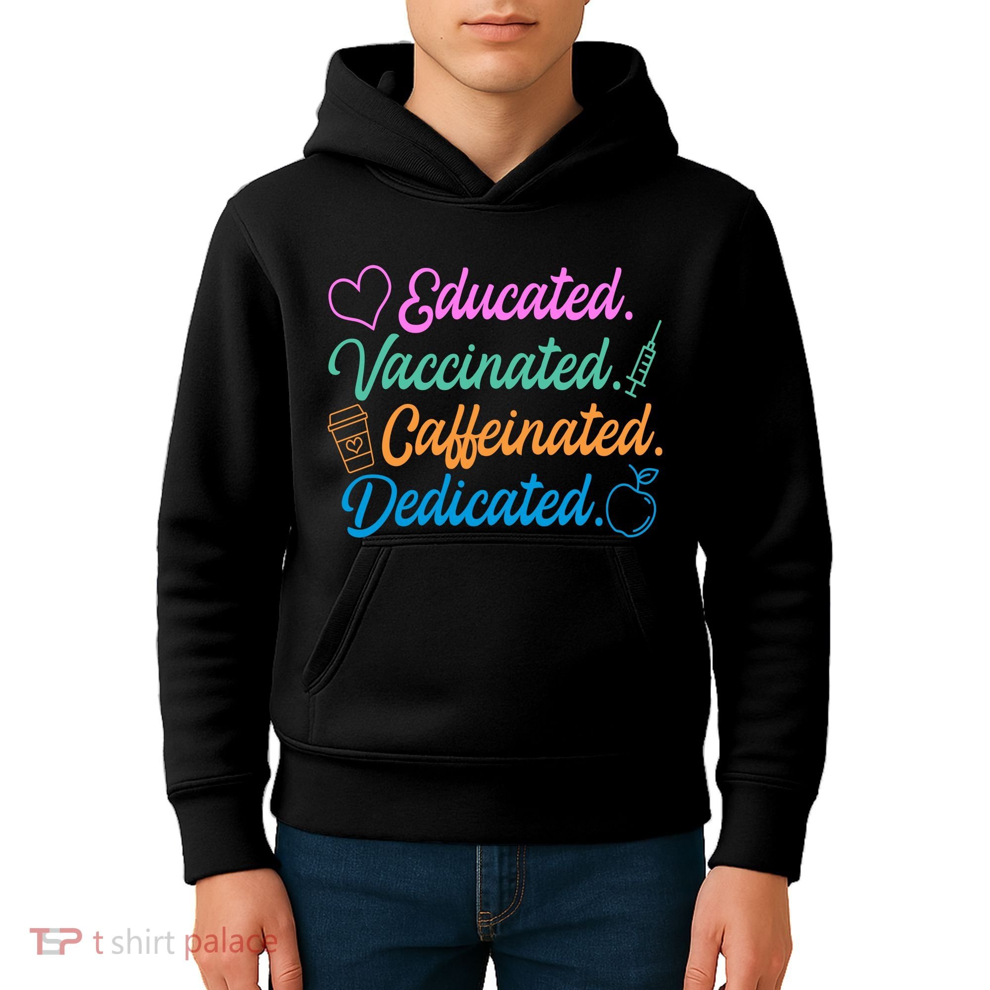 Educated Vaccinated Caffeinated Dedicated Teachers Kids Hoodie