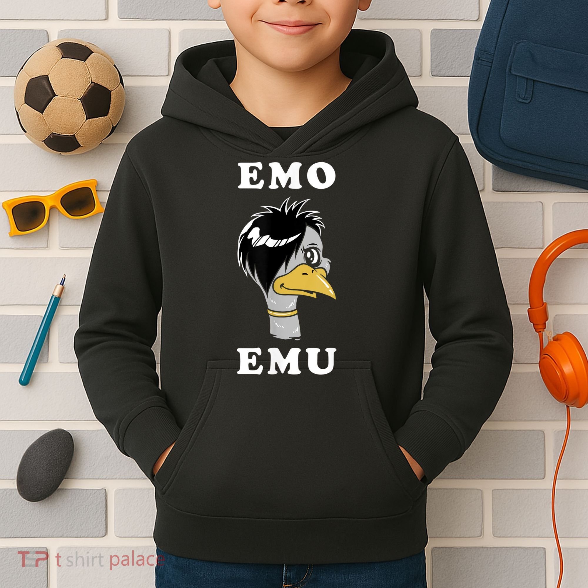 Emo Emu Funny Metal Goth Emu Bird Kids Hoodie