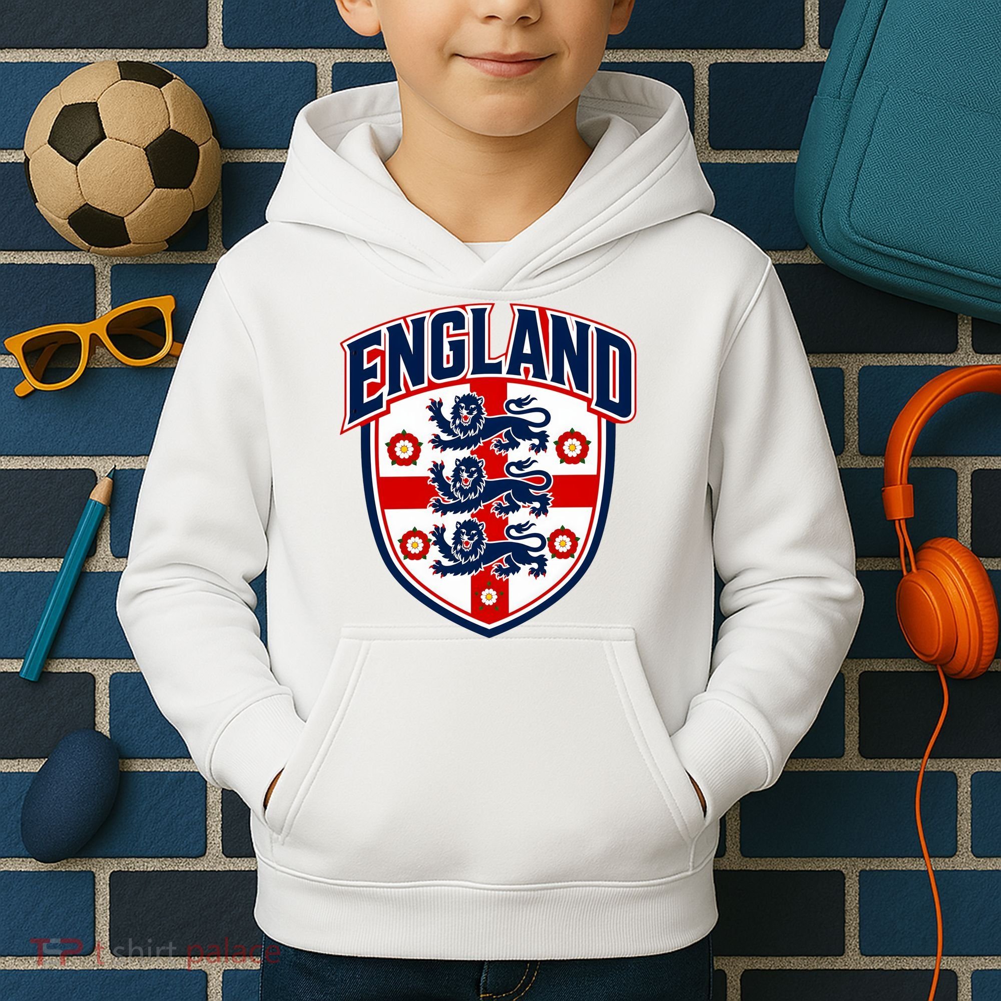 England English Flag Crest Soccer Fan Kids Hoodie