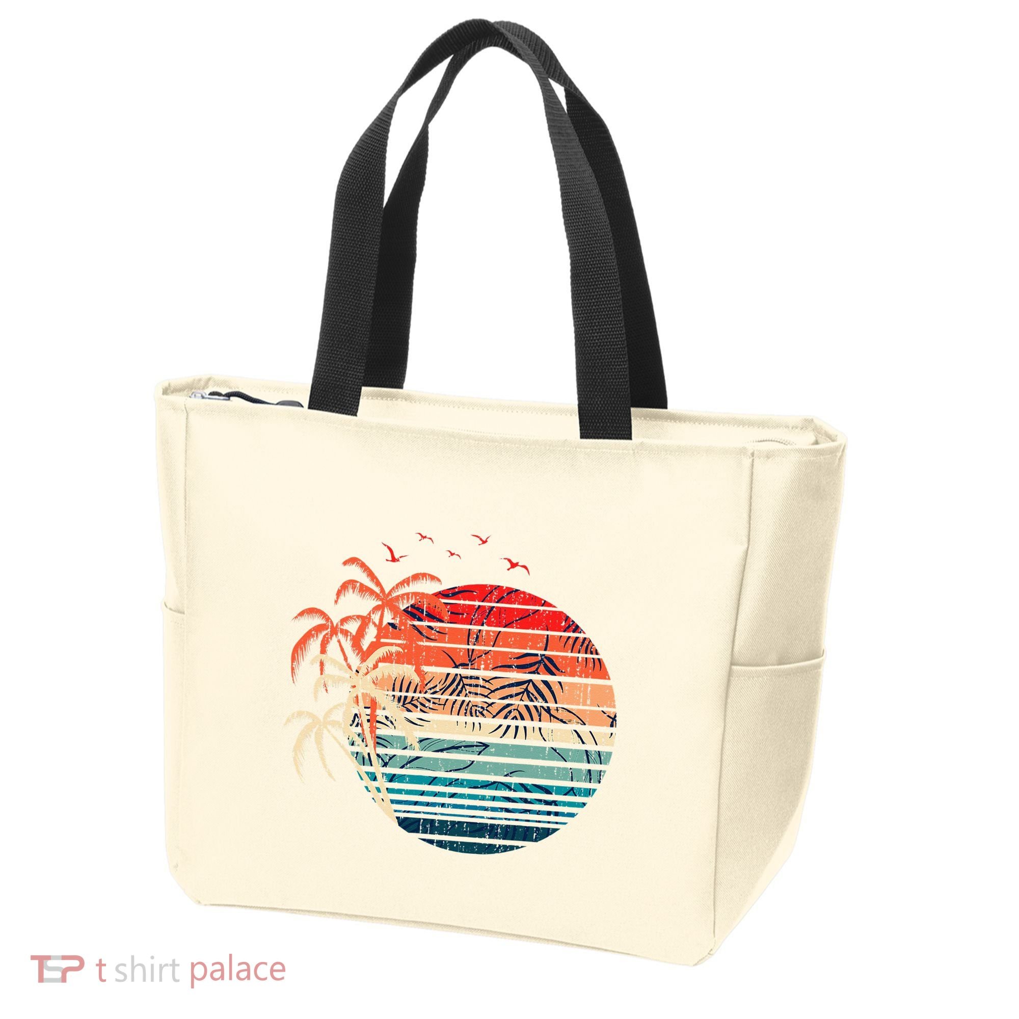 Exotic Flowers Coconut Palm Trees Retro Tropical Summer Tote Bag