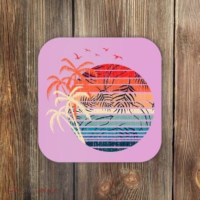 Exotic Flowers Coconut Palm Trees Retro Tropical Summer Coaster