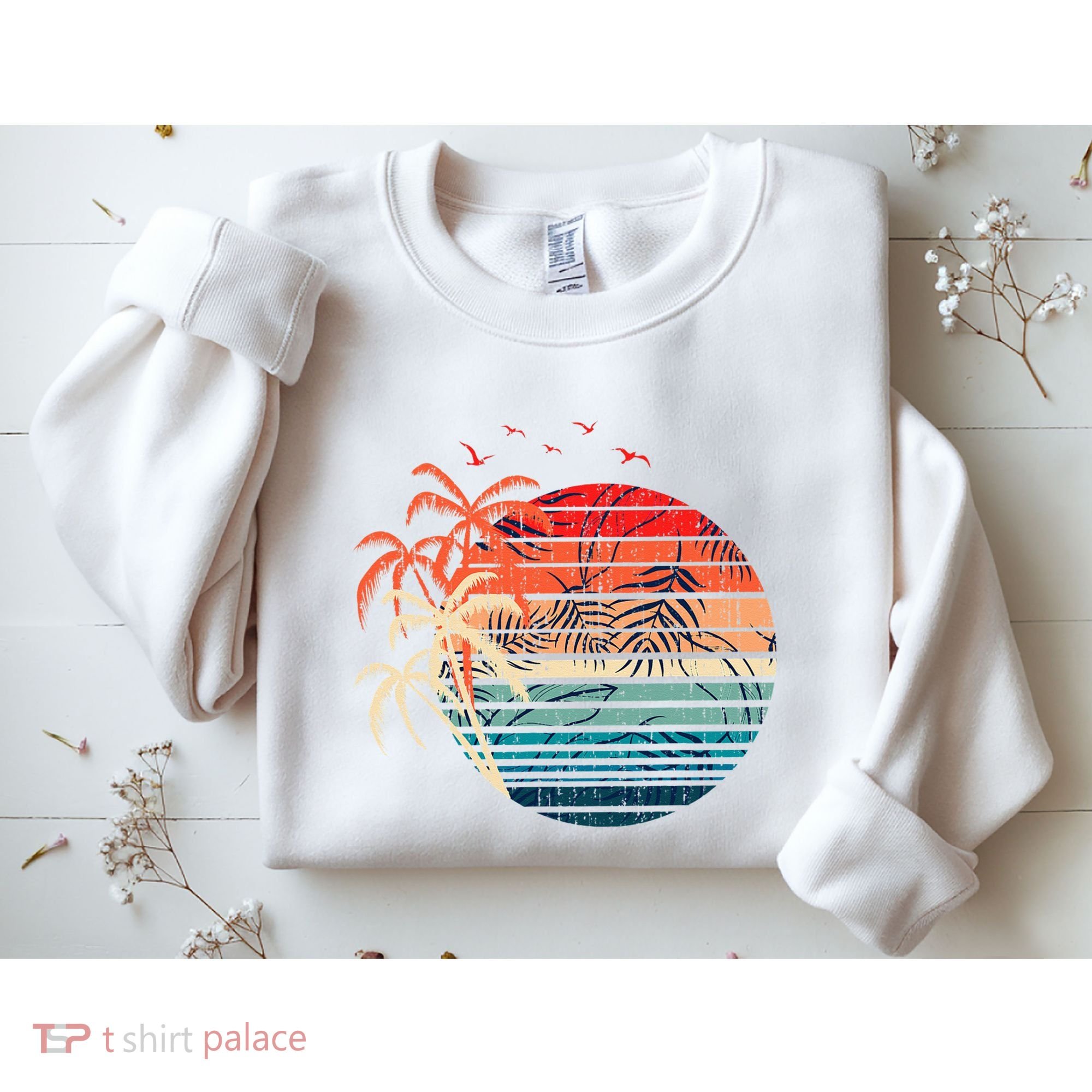 Exotic Flowers Coconut Palm Trees Retro Tropical Summer Sweatshirt