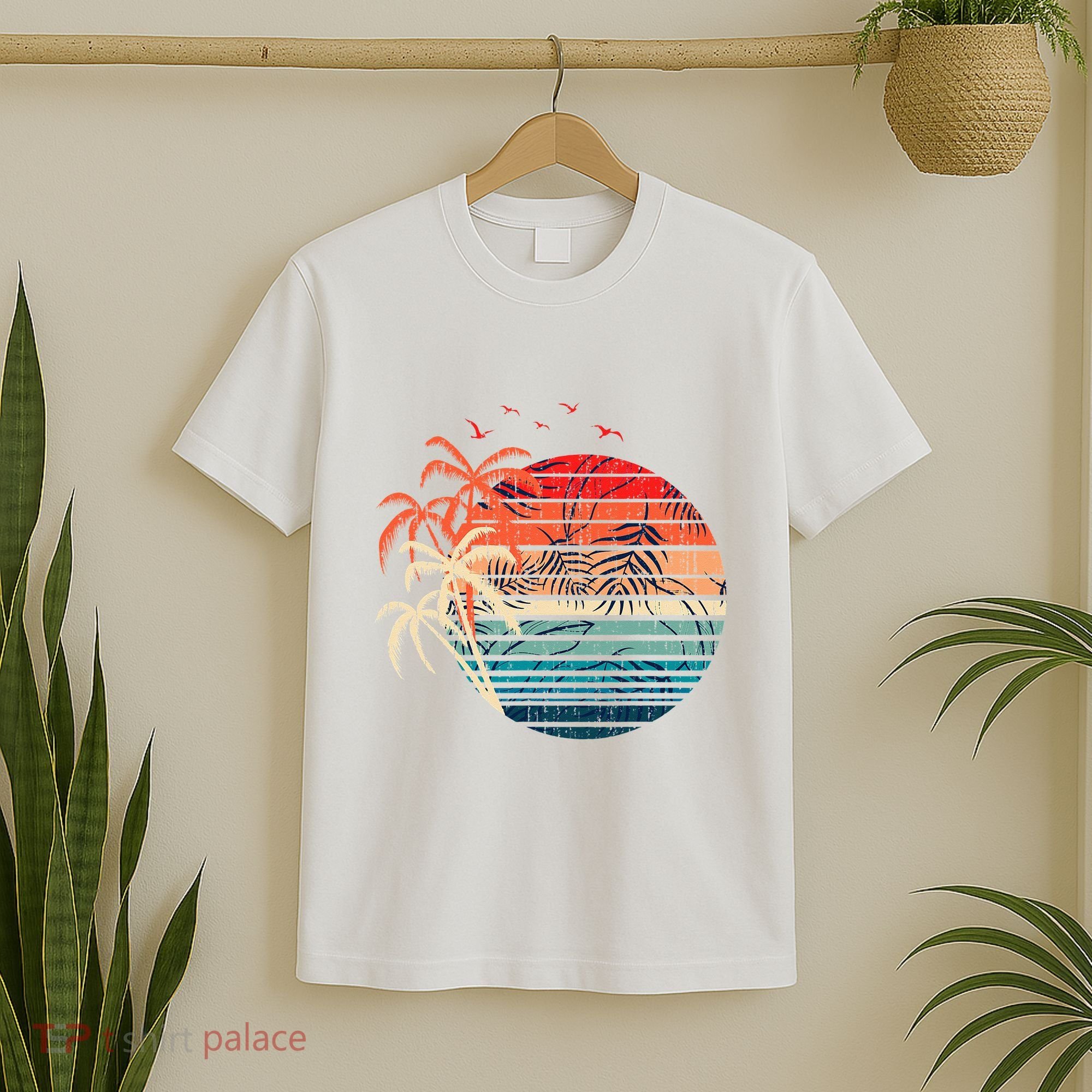 Exotic Flowers Coconut Palm Trees Retro Tropical Summer T-Shirt