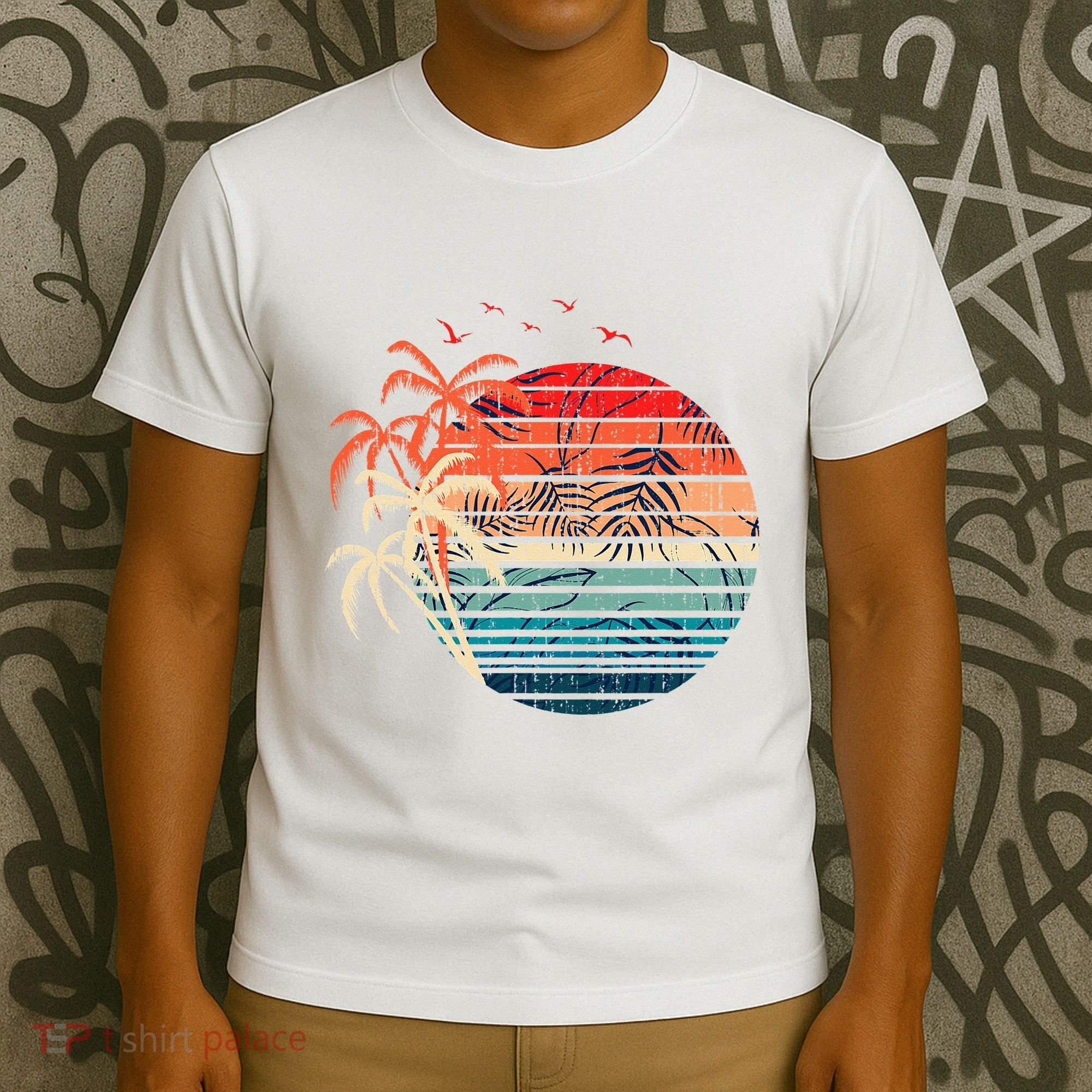 Exotic Flowers Coconut Palm Trees Retro Tropical Summer T-Shirt