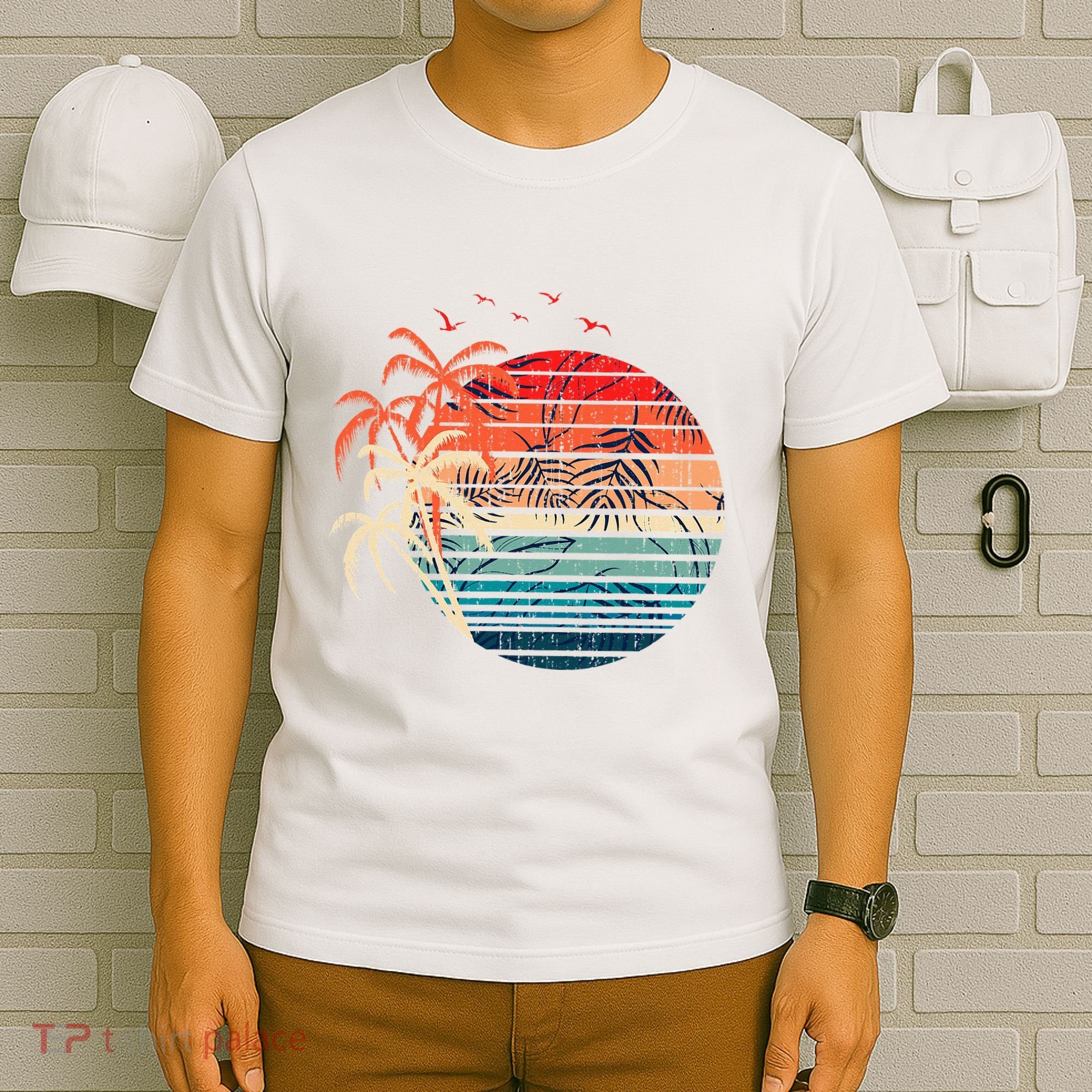 Exotic Flowers Coconut Palm Trees Retro Tropical Summer T-Shirt