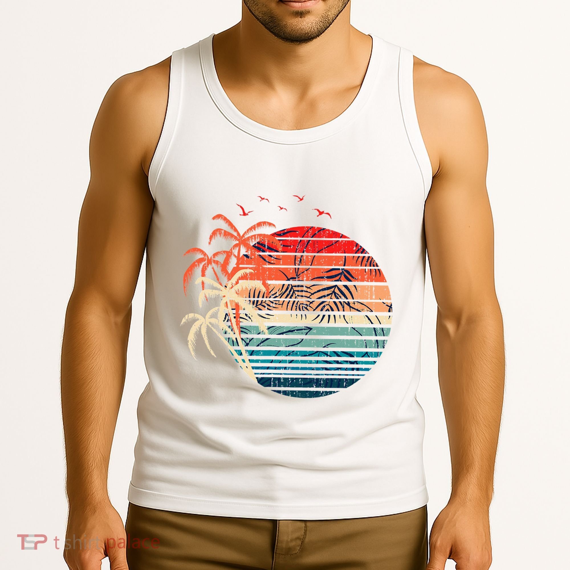Exotic Flowers Coconut Palm Trees Retro Tropical Summer Tank Top
