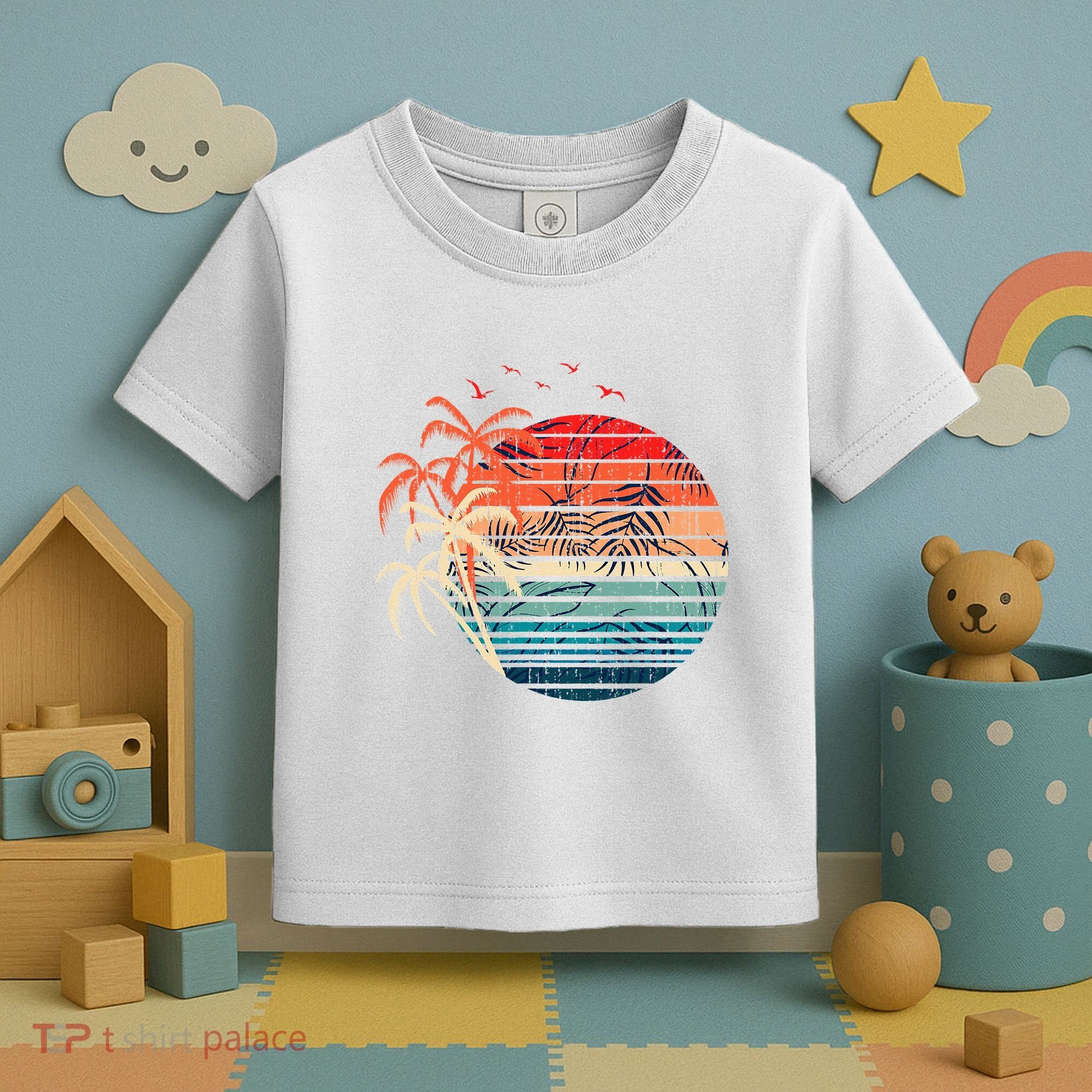 Exotic Flowers Coconut Palm Trees Retro Tropical Summer Toddler T-Shirt