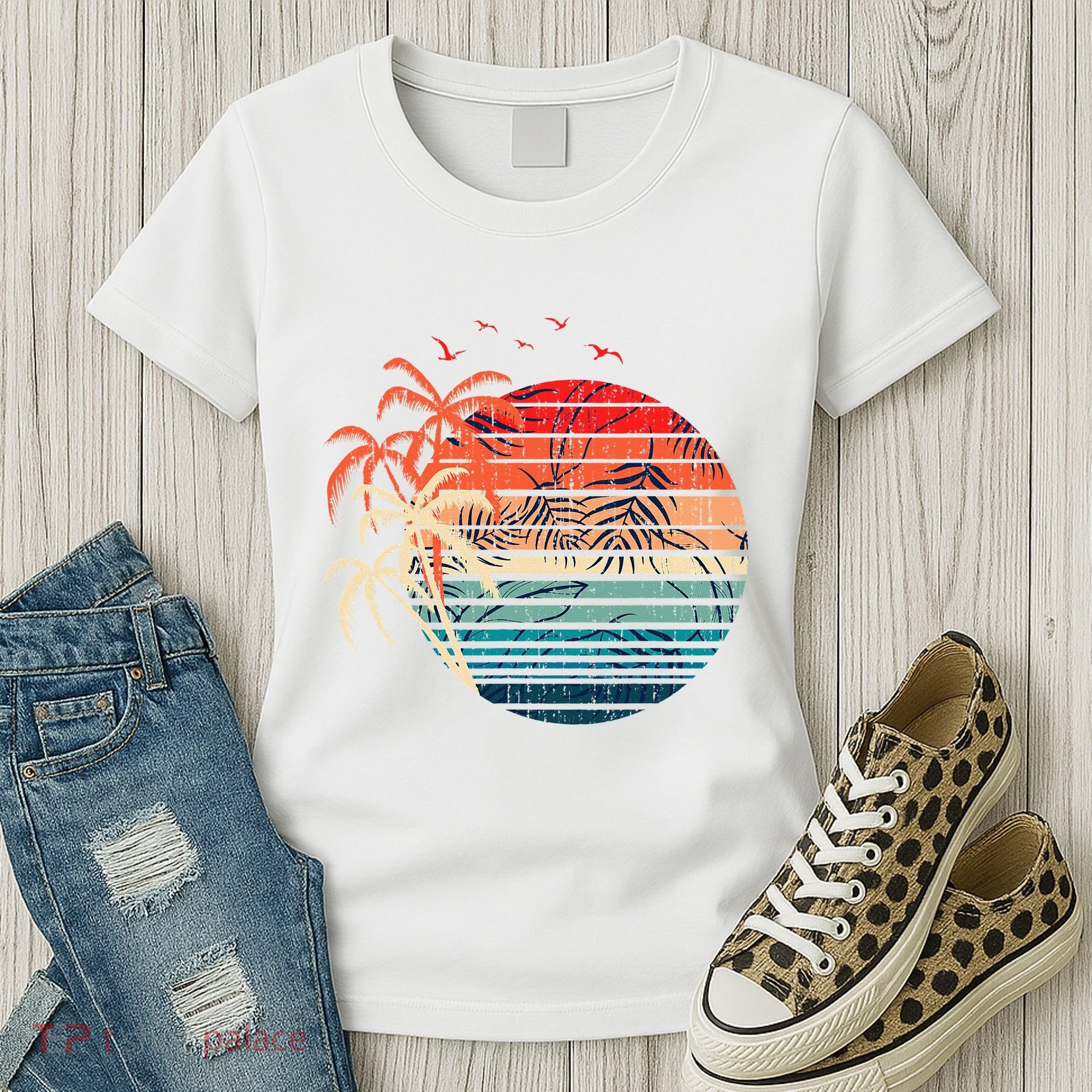 Exotic Flowers Coconut Palm Trees Retro Tropical Summer Women's T-Shirt