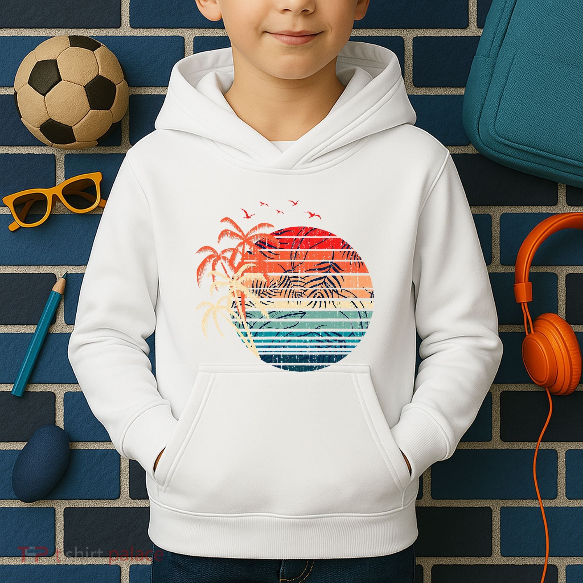Exotic Flowers Coconut Palm Trees Retro Tropical Summer Kids Hoodie