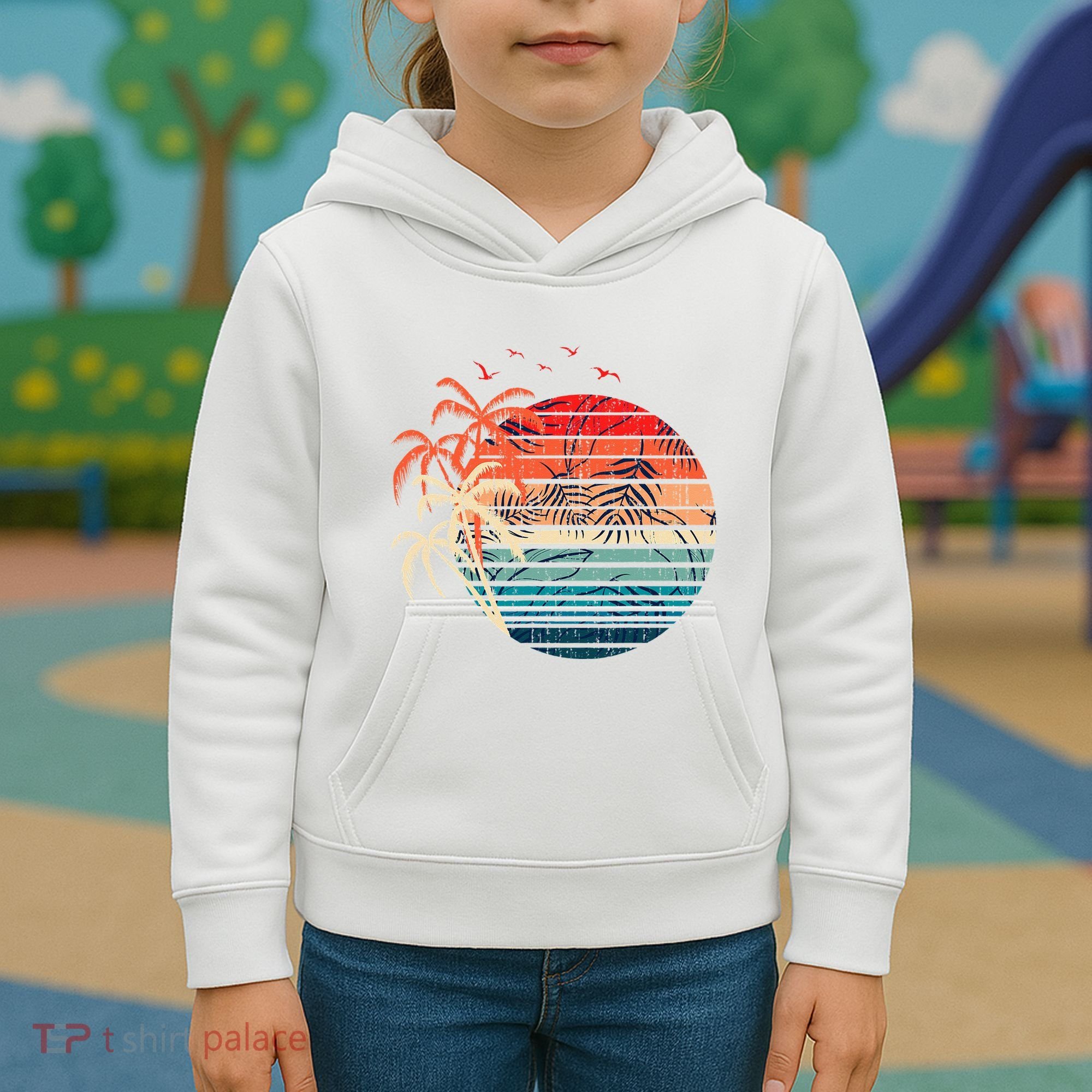 Exotic Flowers Coconut Palm Trees Retro Tropical Summer Kids Hoodie