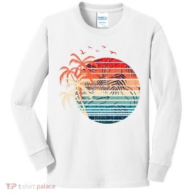 Exotic Flowers Coconut Palm Trees Retro Tropical Summer Kids Long Sleeve Shirt