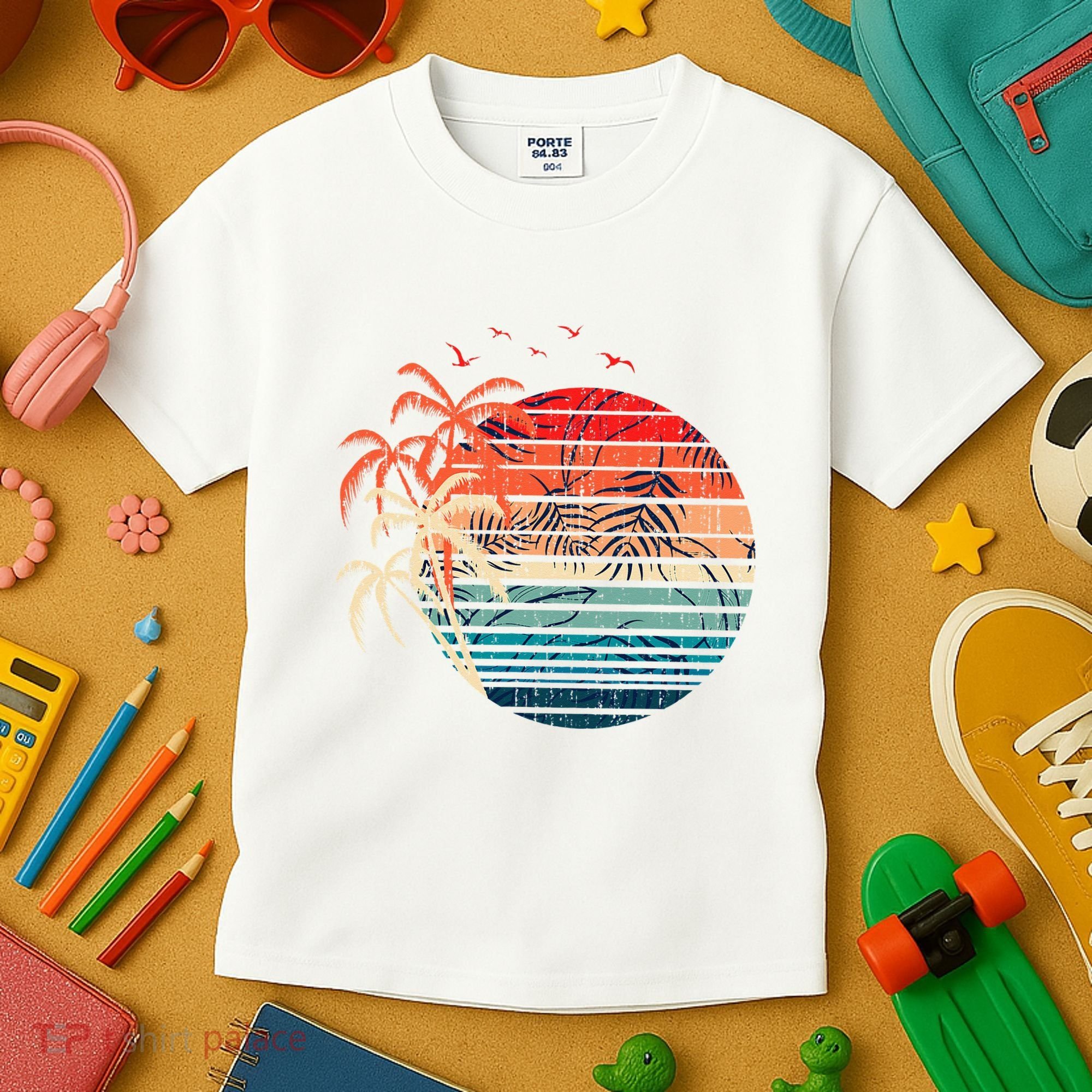 Exotic Flowers Coconut Palm Trees Retro Tropical Summer Kids T-Shirt
