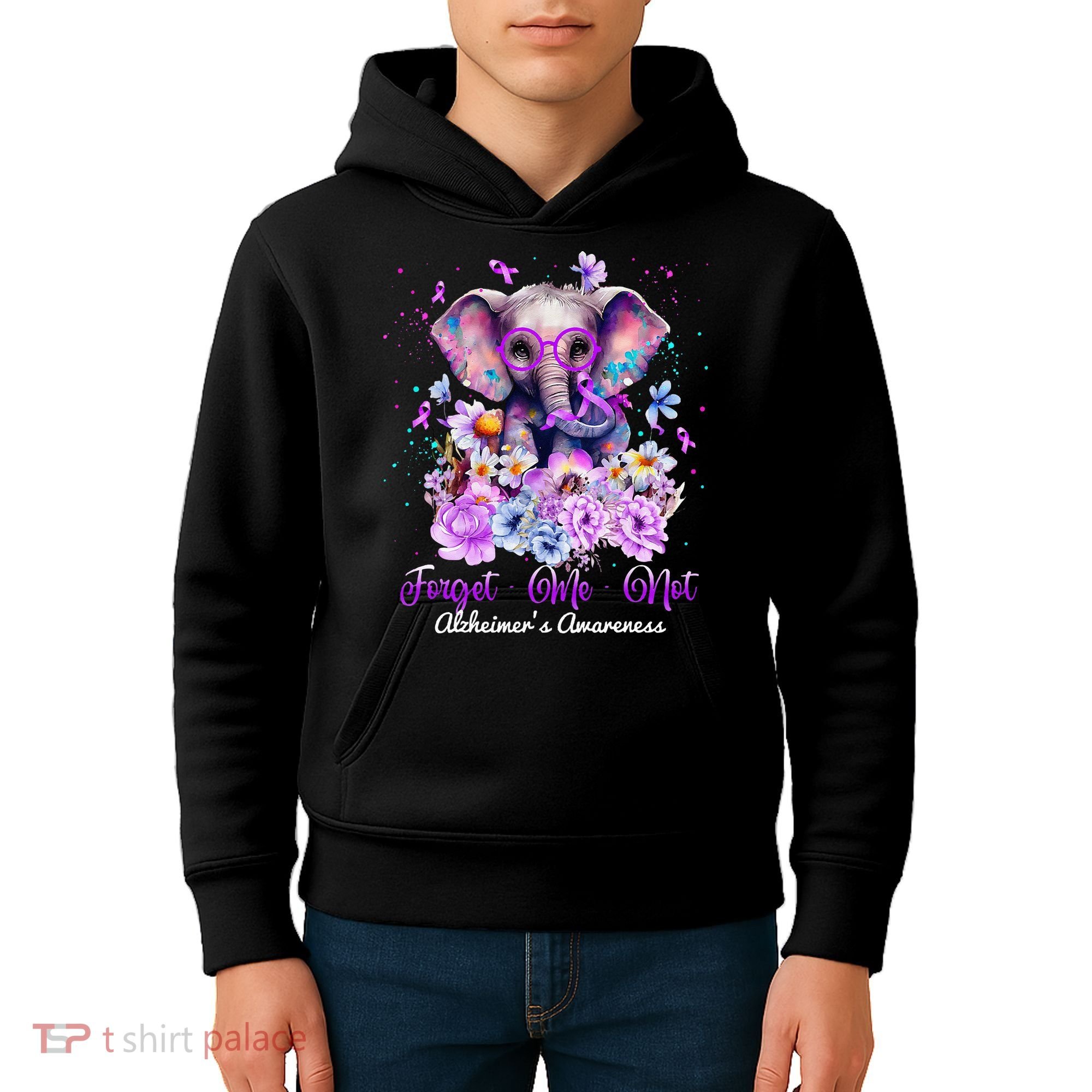 Elephant Flower Forget Me Not Alzheimers Awareness Month Kids Hoodie