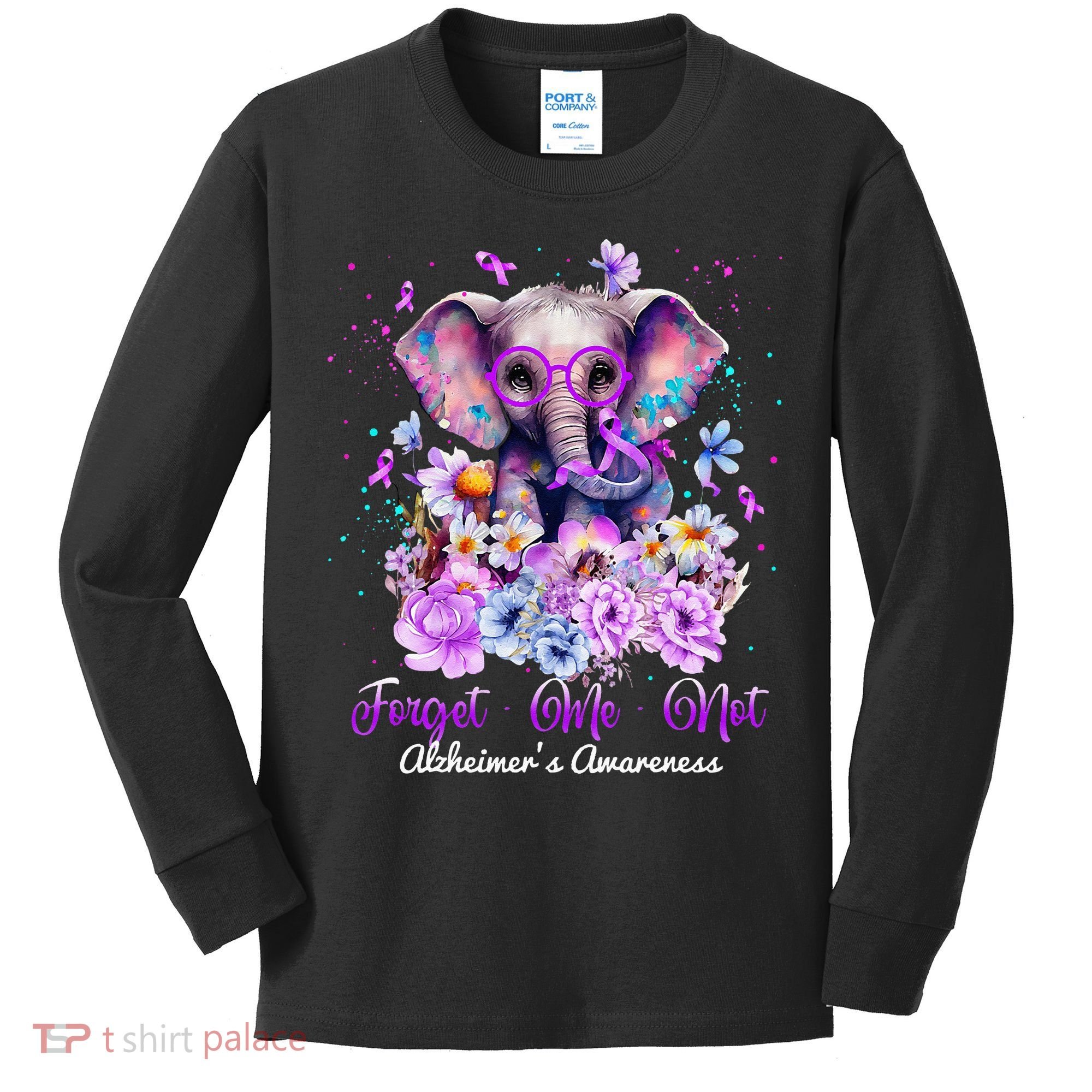 Elephant Flower Forget Me Not Alzheimers Awareness Month Kids Long Sleeve Shirt