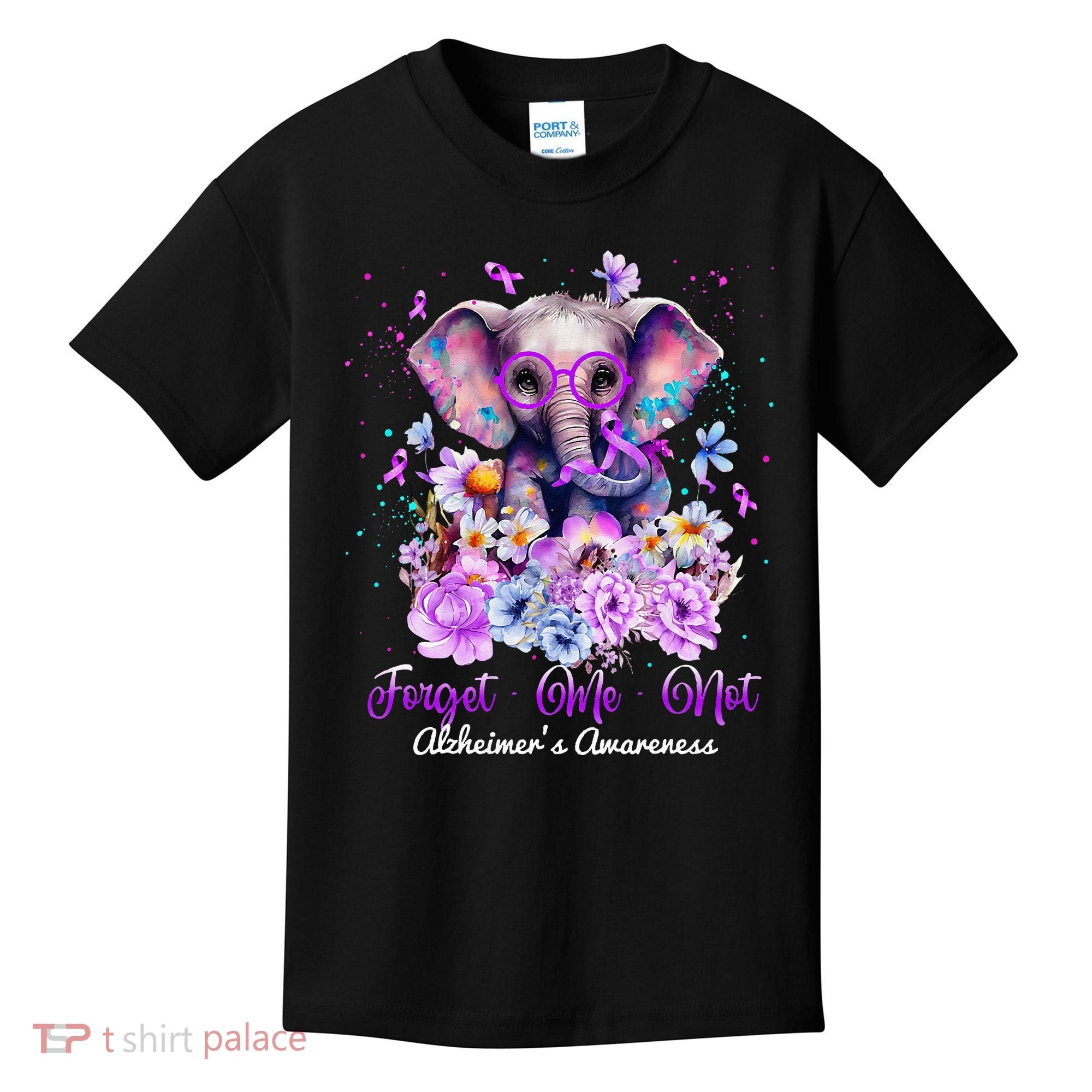 Elephant Flower Forget Me Not Alzheimers Awareness Month Kids T-Shirt